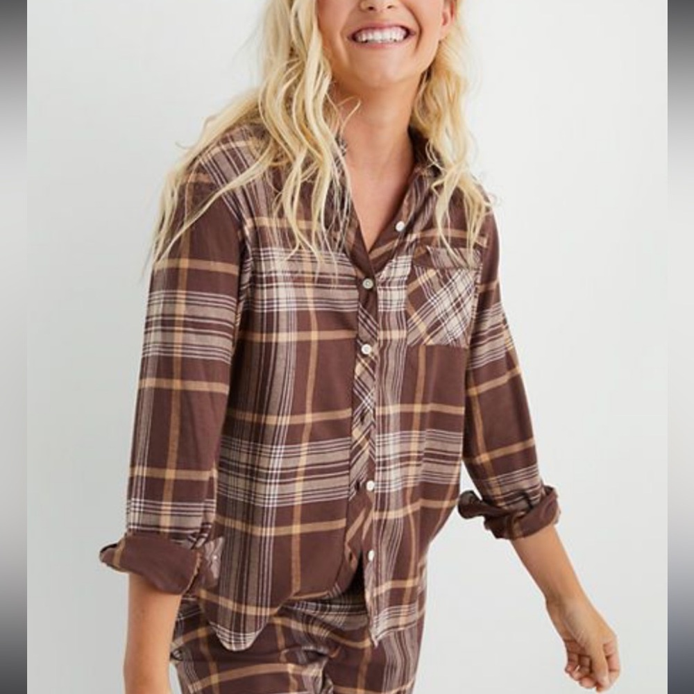35. NWT Aerie Brown Plaid Button Down Sleep Shirt